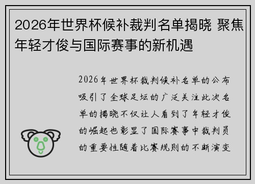 2026年世界杯候补裁判名单揭晓 聚焦年轻才俊与国际赛事的新机遇 2026年世界杯候补裁判名单揭晓 聚焦年轻才俊与国际赛事的新机遇